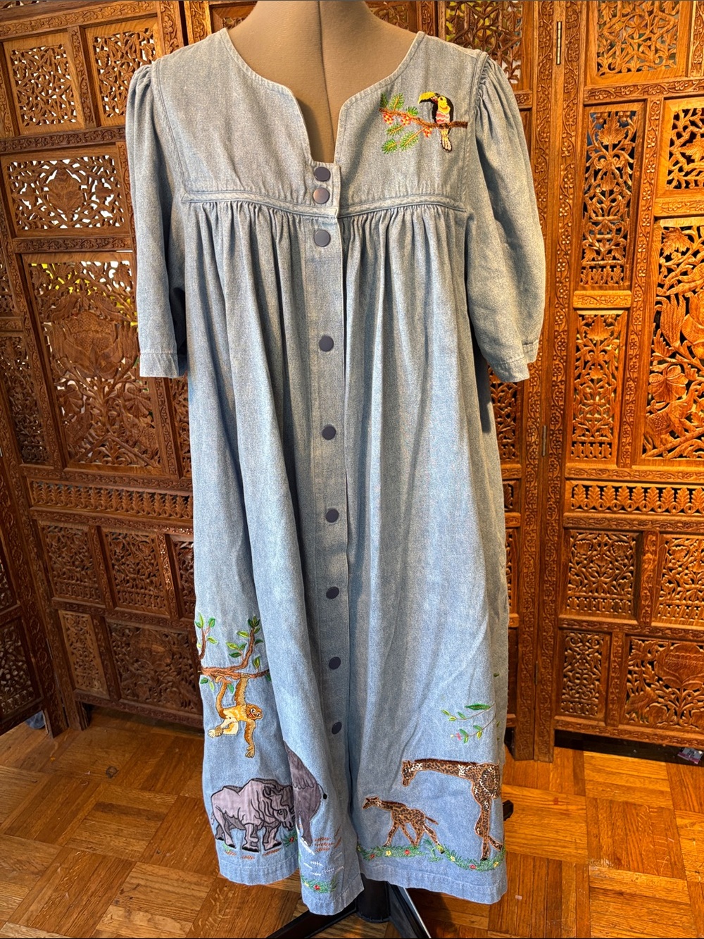 Light Denim Embroidered Midi Dress with Safari Motif